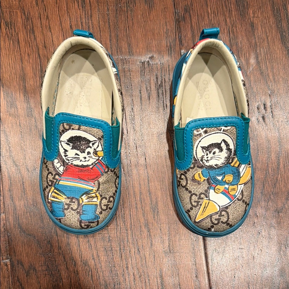 Gucci Kids GG Canvas Cat Slip-On Sneakers Teal Trim